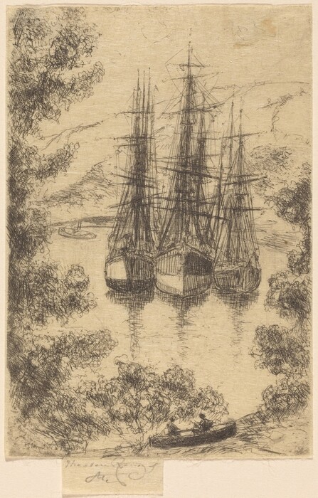 The image shows three masted ships anchored next to each other on calm waters with trees and foliage framing the scene. The etching is intricate with fine, cross-hatched lines detailing the ships, rigging, and natural elements. The color palette is warm and neutral, primarily sepia tones. A small boat with two figures can be seen near the trees.