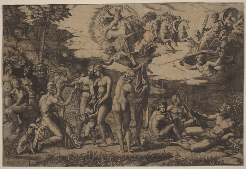 Printed with black lines and delicate hatching, about twenty mostly nude, muscular people gather or fly across a shaded landscape in this horizontal engraving. The action is mostly focused on a man, Paris, who sits on a cloth-draped rock in front of three women in the left half of the composition. One woman across from and closest to Paris points off to our left as a peacock stands at her feet, its tail fanned open. The second woman and Paris exchange a round object as a nude, pudgy, winged boy pulls at her hip. A winged woman floating overhead is about to crown her with a ring of leaves. The third woman stands with her back to us and holds a piece of drapery up and to our right. A feathered helmet and shield lie at her feet. A dog sits next to Paris, and behind him, a man wearing a winged helmet and carrying a staff with intertwined snakes steps to our right. That man’s back is to us, and he looks over his right shoulder. Three more women to the left gather under a rocky outcropping, where two bulls or cows sit under some trees on the rocky hill in the distance, near the top left corner of the print. Three people recline in the lower right quadrant of the composition. Two of them are bearded, and the male genitals of one is visible. The third is clean-shaven and sits with their back to us while looking over one shoulder. This third person rests one hand on the opening of an urn. One of the bearded men holds a rudder and the other some reeds. In the sky above, a nude man flies a chariot led by four horses through a ring decorated with signs of the zodiac. Two people ride horses in front of him, and to the right, a bearded man, Zeus, holds up a furry-looking object, a lightning bolt. Three women, one with a crescent moon on her head, and an eagle stand or sit around him, and a man supports Zeus on his back. These flying people are surrounded by a bank of white clouds against a shadowy landscape. A river winds into the distance to the right, and the sky is deeply shaded. An inscription at the bottom center reads, “RAPH VRBI INVEN” above the conjoined letters M and A.