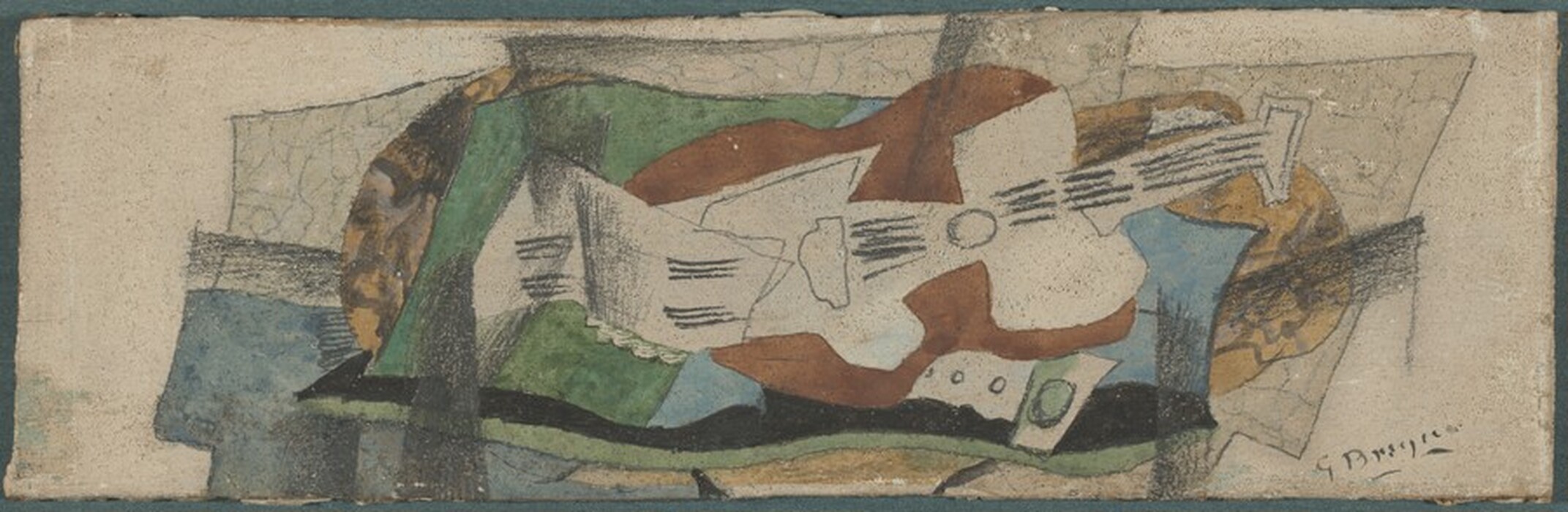 The image displays angular and curved shapes overlapping and intersecting in a fragmented arrangement. The composition evokes a guitar through the patterns resembling strings, body, neck, and soundhole. The colors include earth tones, green, and blue reminiscent of wood and inlays on a guitar. The abstract representation challenges the viewer to identify the guitar within the geometric mosaic.