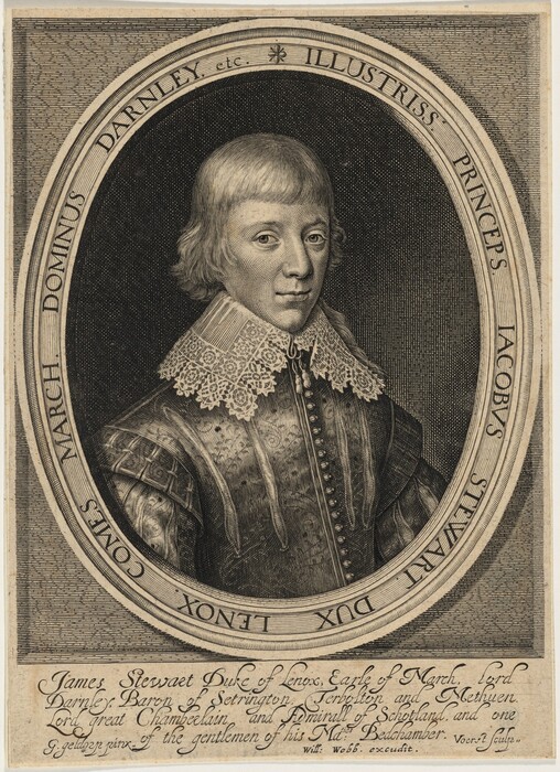 This is a portrait engraving of a young man visible from the waist up. He is facing toward the viewer with his body slightly angled to the right. His facial features include a youthful, smooth complexion with prominent cheekbones and a calm expression. He has straight, chin-length hair that frames his face evenly. The young man is wearing an elaborately detailed outfit, featuring a high lace collar and a buttoned doublet with intricate patterns and textures. No jewelry or objects are visible on him. The background consists of a simple, dark, oval frame around the portrait, with Latin text decorating the frame.