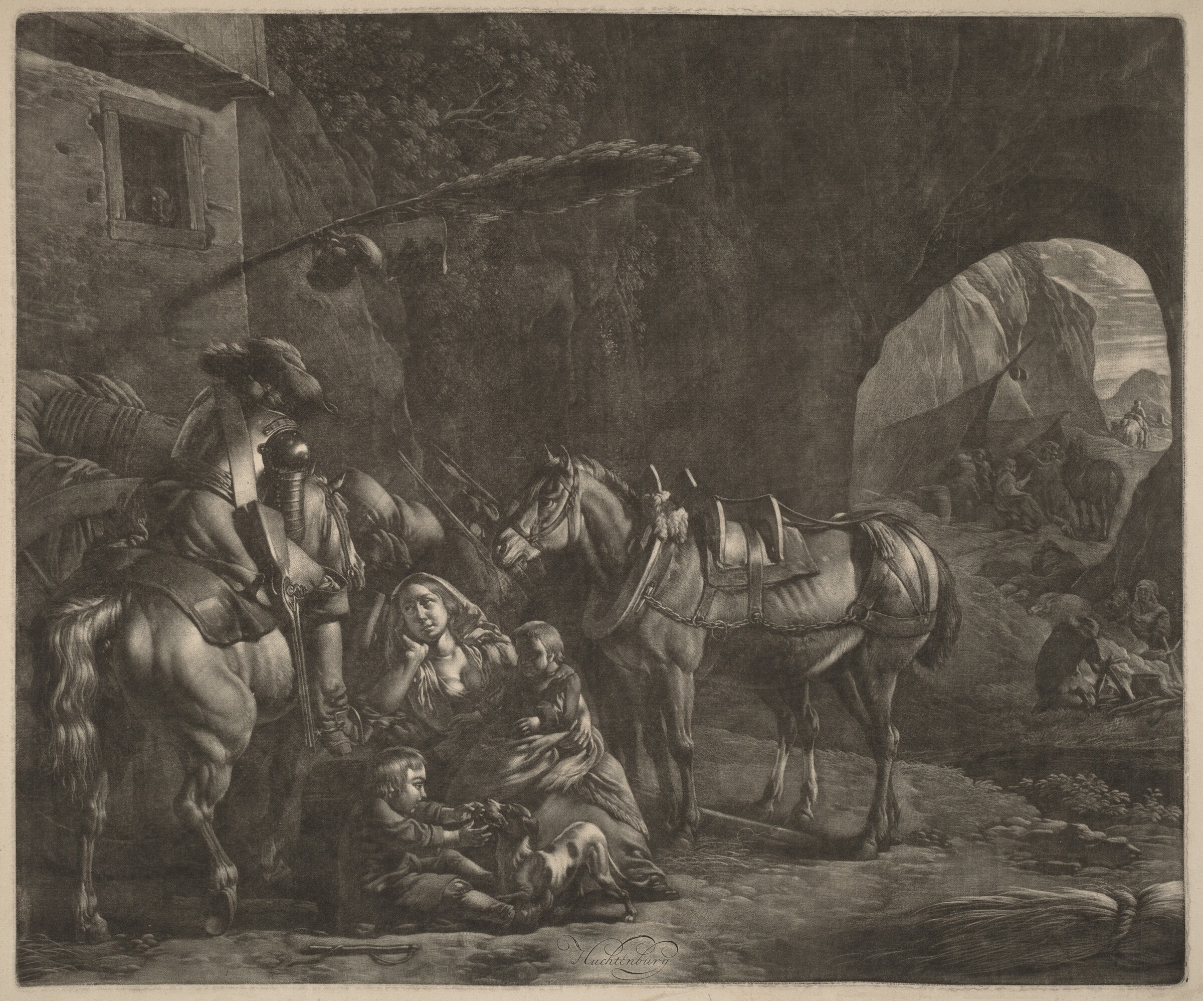 Mother with Two Children  and a Horse in Front of an Inn, Jan van Huchtenburgh, late 17th/early 18th century