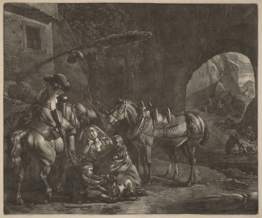Mother with Two Children  and a Horse in Front of an Inn