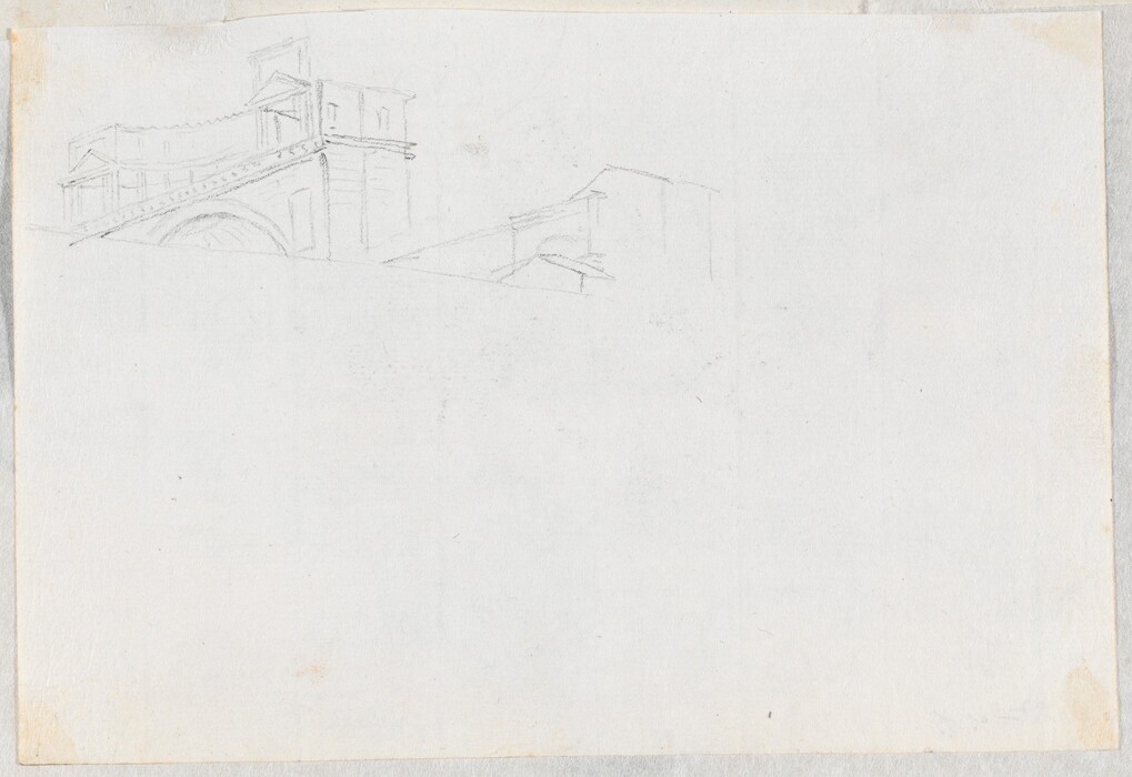 This image is a pencil sketch of an architectural structure, possibly a bridge or building, viewed from an elevated perspective. The sketch is done with light pencil strokes, with minimal detail or shading. The color palette is monochromatic, using pale gray on a blank white page.