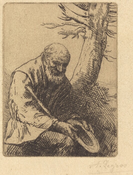 The image depicts the upper half of a man's body, seated with his head tilted downwards. He has a pronounced brow and a long beard. His hair is sparse and closely cropped. He is wearing a textured cloak or robe, holding a hat in one hand and resting it on his knee. In the background, there is a large, bare tree trunk with bare branches.