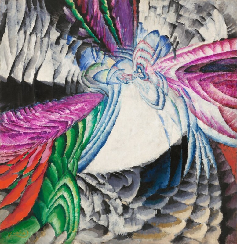 Striated rays in shades of jewel-toned pink, blue, green, pearl white, and earthy grays emanate from a center in this nearly square, abstract painting. A roughly triangular, flat white area is in the middle of the composition. Moving clockwise around the painting from the top left corner are bands in shades of white, amethyst purple, sapphire blue, and fog gray. Down the right side of the canvas are magenta, ruby red, dove gray, and plum purple. Moving left across the bottom edge are golden tan, peacock blue, slate gray, and grass green. Finally, up the left edge are vivid red, fuchsia, and inky black. The artist signed the painting in the lower left corner, “Kupka.”