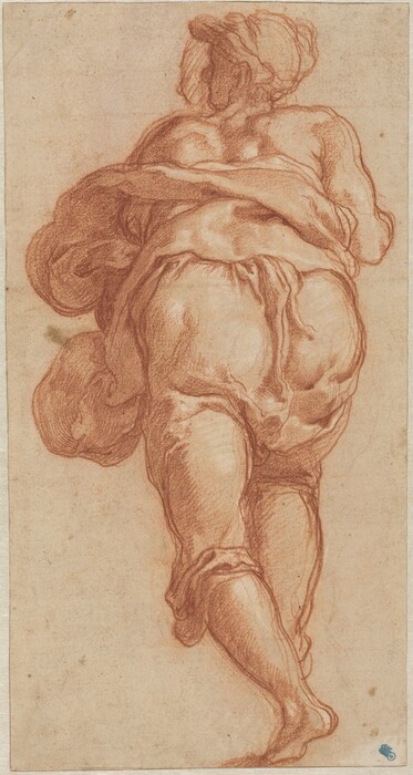 The image is a sketch showing the full body of a person from behind. The person appears to be in a slightly twisting position, with their upper body turned to the right and their lower body facing forward. Their head is turned to the left, with hair that seems to be wrapped or styled upward. The person appears to be draped in cloth that wraps around their torso and lower body, which is depicted with smooth, flowing lines suggesting folds and depth. There are no visible pieces of jewelry or objects being held. The background of the image is simple and plain, with no additional elements. The drawing is rendered on a textured paper.