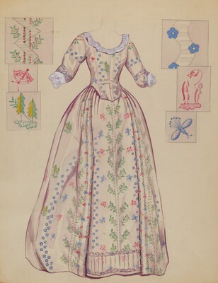 “Dress”. This is a drawing of a dress design with floral patterns.