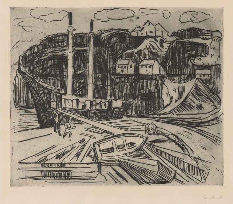 The image shows a dock area with boats and a ship. Two smaller boats are near the water's edge, close to a walkway with small figures visible. A larger ship with two tall smokestacks is docked in the background. Hills or cliffs with small houses are seen on the horizon. The artwork has bold black lines, an etching-like appearance, and a monochromatic color palette of black and white. Stylized clouds are included in the sky.
