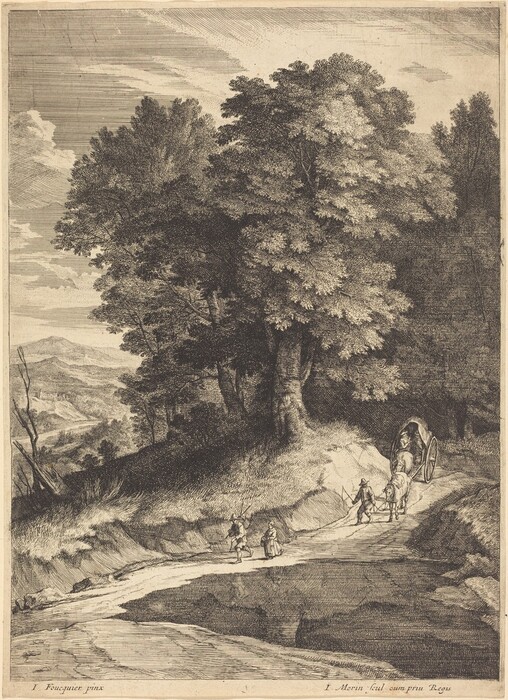 This image depicts a landscape with a winding path leading into the distance. There are large trees on the right side and travelers on the path, including a figure with a horse-drawn cart and pedestrians. The scene includes hills, valleys, and a sky with light clouds. The color scheme is sepia-toned, with detailed brushstrokes emphasizing depth and texture in the trees and surroundings.