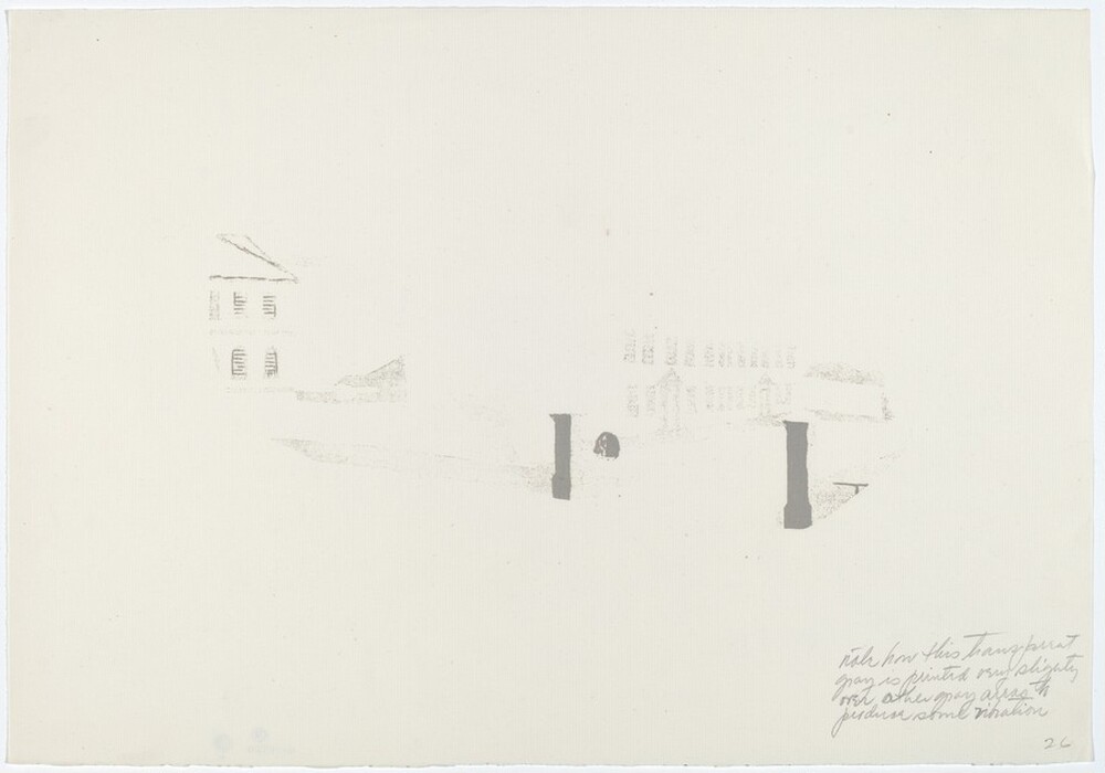 The image depicts a minimalist view with faint architectural sketches. The viewpoint seems to be at eye level, capturing buildings and structural elements drawn with delicate strokes. The horizon is not clearly visible, hinting at an open and flat space. On the left, there is a light sketch of a building with a roof and windows. On the right, more structural details can be seen, including columns and an archway. The technique involves thin, sketch-like brushstrokes that give the piece an ethereal quality. The color palette is mostly white with hints of grey, creating a monochromatic effect. In the bottom right corner, there is faint handwritten text.