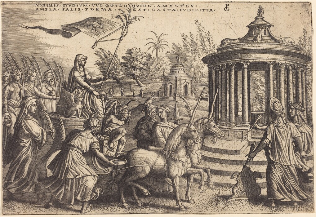 The image shows a drawing of a classical scene with a procession involving mythical creatures and figures. It includes a pair of unicorns leading a chariot pulled by a figure holding a banner. Other figures in classical attire are participating in the procession, some carrying palms. On the right side is a circular temple with Corinthian columns and a dome. The background features a landscape with trees and distant architectural structures.