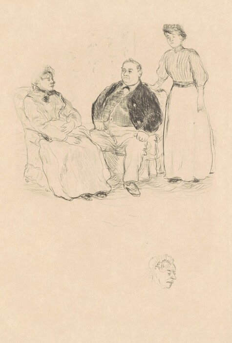 The image features a sketched scene with three individuals. Two are seated in armchairs, while one stands to the right. The seated man is in full view, wearing a suit with a dark jacket, waistcoat, bowtie, and light trousers. Beside him, a woman wearing a high-collared dress with long sleeves and a shawl is partially visible. The standing woman, seen in profile, has her hair styled in an updo and is dressed in a long, high-necked blouse with stripes and a long skirt with a belt. She rests her hand on the back of the seated man's chair. The background consists of simple sketched outlines, with an additional small head sketch at the bottom edge of the image.