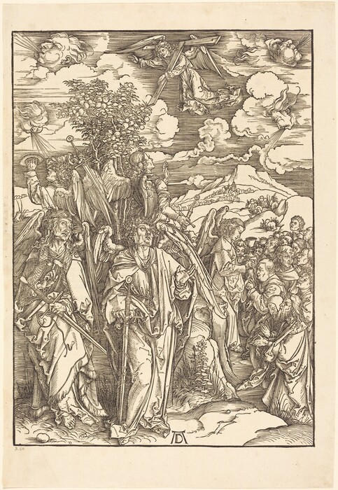 This is a drawing portraying angels in a landscape. It shows angelic figures beneath a fruit tree, with mountains in the background and a crowd of people. An angel in the sky holds a cross, while others on the ground hold swords and banners. The style features detailed lines and textures representing the clothing and wings of the angels. The background includes clouds and a hill, suggesting a religious or mythological setting. The artwork is inscribed with letters that may indicate it was created by Albrecht Dürer.