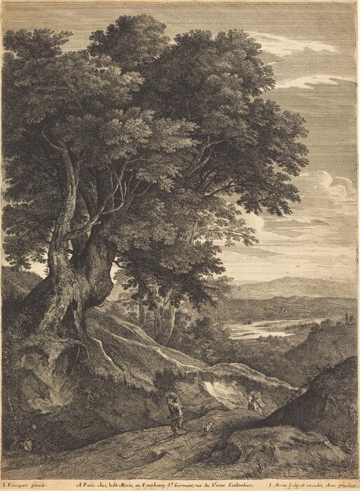 The image depicts a landscape viewed from a slightly elevated angle. On the left side, there is a large tree with a twisted trunk and dense foliage. A winding path can be seen with a figure walking with a dog. In the distance, a river winds through the land, and there are rolling hills and trees in the background. The color scheme is sepia-toned.