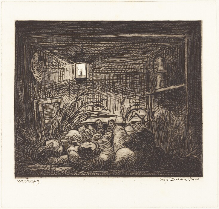 This image shows an interior scene with three figures lying down, a lantern hanging above them casting shadows on the rough walls. Shelves on the right hold various items, and a small barred window is partially obscured by tall grass or plants. The setting suggests a temporary or makeshift shelter, conveying intimacy. The artwork features detailed linework, creating texture and depth in the space.