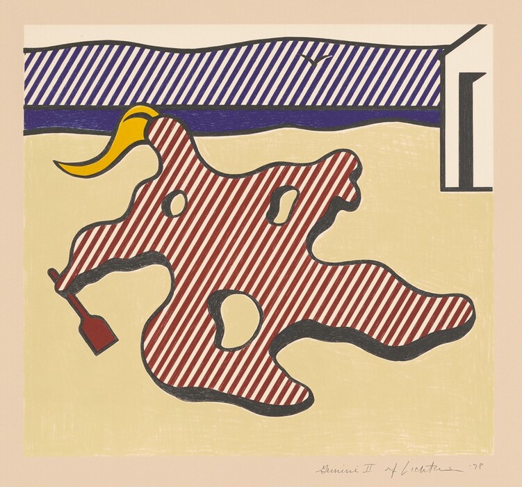 The image contains a large irregular shape with red and white diagonal stripes bordered by a black outline. It is on a cream-colored surface with a wavy, striped blue and white pattern in the upper part. A small rectangular form with a yellow arc on one end and a boxed corner to the right are also present.