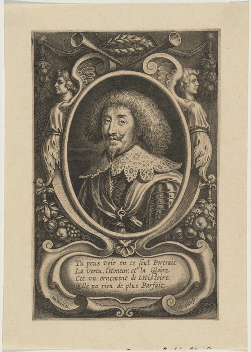 The image is a portrait showing the upper body of a man facing slightly to the side and gazing directly at the viewer. He has curly, shoulder-length hair, a mustache, and a small pointed beard. He wears an elaborate high-collared shirt with lace details and an ornate coat or armor. The portrait is framed within an oval, surrounded by decorative elements including crossed trumpet-like objects, allegorical figures, and floral and fruit motifs. At the bottom, there is a script enclosed within a scroll design. The engraving has intricate linework and shading.