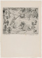 This is a drawing of a chaotic scene showcasing multiple figures participating in a fire-fighting effort. The image includes individuals operating hoses and a ladder towards a structure emitting smoke or flames. Detailed elements like distressed movements and dynamic forms create a sense of urgency. Machinery in the foreground connects to hoses, emphasizing the fire-fighting operation. The background shows more figures engaged in different activities related to the event.