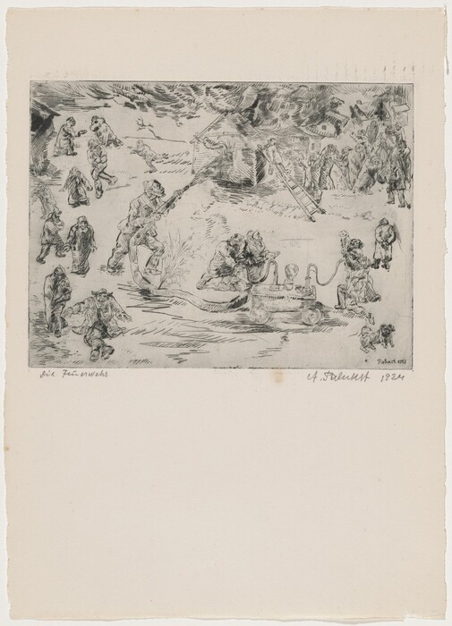 This is a drawing of a chaotic scene showcasing multiple figures participating in a fire-fighting effort. The image includes individuals operating hoses and a ladder towards a structure emitting smoke or flames. Detailed elements like distressed movements and dynamic forms create a sense of urgency. Machinery in the foreground connects to hoses, emphasizing the fire-fighting operation. The background shows more figures engaged in different activities related to the event.