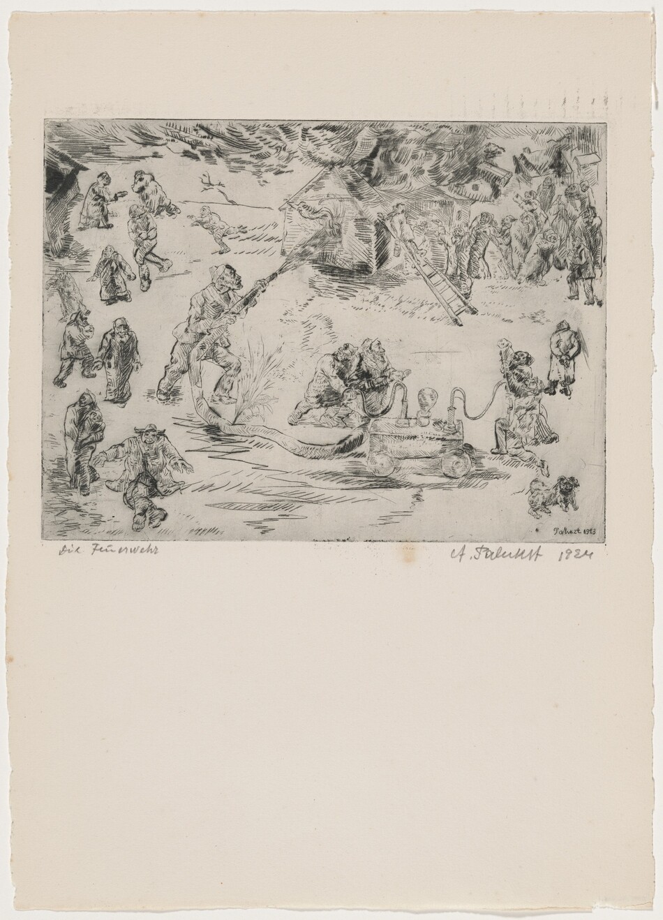 This is a drawing of a chaotic scene showcasing multiple figures participating in a fire-fighting effort. The image includes individuals operating hoses and a ladder towards a structure emitting smoke or flames. Detailed elements like distressed movements and dynamic forms create a sense of urgency. Machinery in the foreground connects to hoses, emphasizing the fire-fighting operation. The background shows more figures engaged in different activities related to the event.