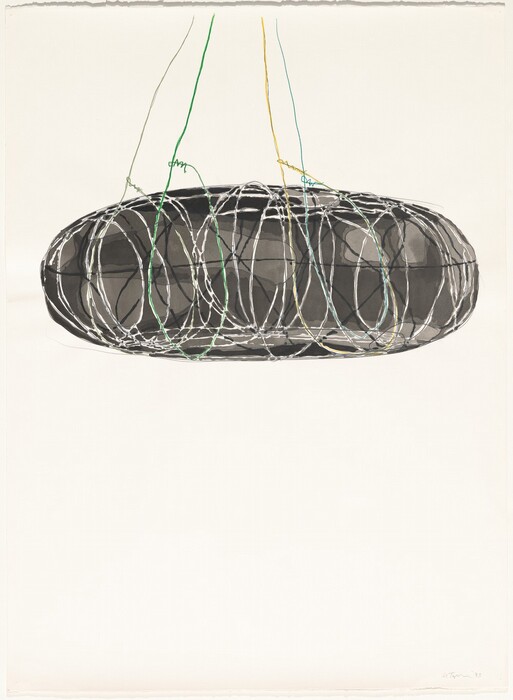 The image displays an abstract composition with a central elongated oval shape filled with intersecting lines and curves. Wire-like lines in colors such as green, yellow, and blue are intricately wrapped around the central form, resembling coiled strings or tangled cables. The overall structure suggests a cocoon or a futuristic hanging light fixture suspended by thin vertical lines.