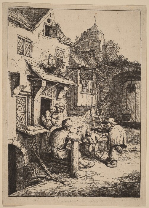 This is a drawing of a village scene with buildings, people, and vegetation. The architecture includes rough walls, lattice windows, thatched roofs, wooden beams, and stairs. People are engaged in everyday activities near a doorway. A stone structure in the background contrasts with the lush vegetation. The drawing is detailed, showing historical village life through precise lines and shadow play.