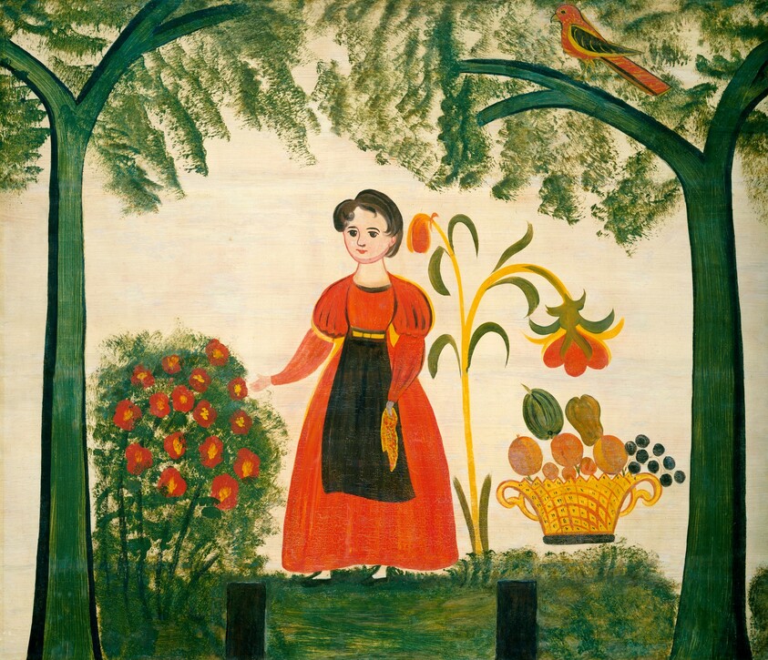 Girl in Red with Flowers and a Distelfink