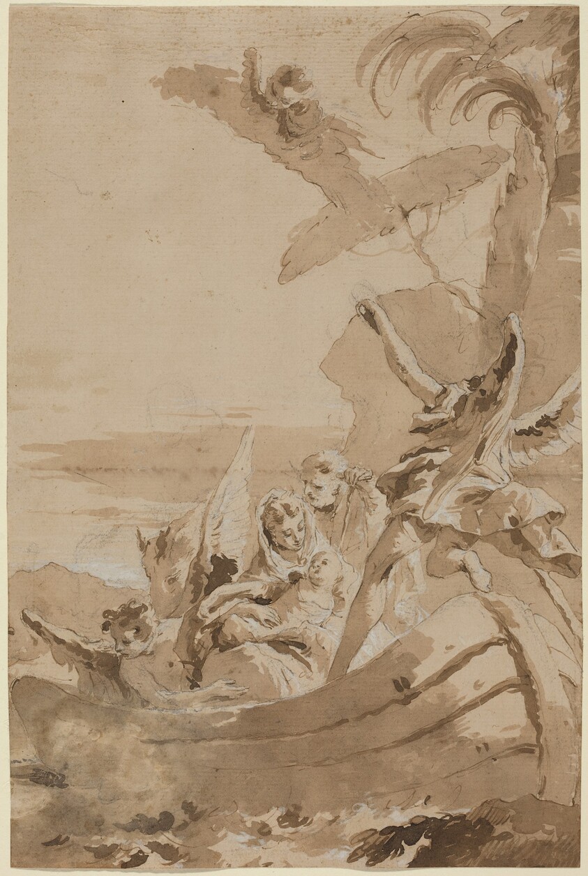 The Flight into Egypt with the Holy Family and Two Angels in a Skiff