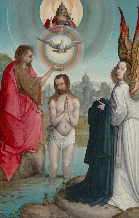A young, bearded man wearing only a white loincloth stands facing us in a pale blue river with a man to one side and a winged angel to the other in this vertical painting. They all have pale or tanned skin and tawny-brown hair. The man at the center, Jesus, stands knee-deep in the placid water with his hands together in prayer. He looks off to our left, his hollow eyes set above a drooping mouth. To our left, a man kneels on the rocky riverbank and trickles water from his hand onto Jesus’s head. That man wears a fawn-brown robe under a raspberry-red cloak. He is bearded with curly brown hair, and he has dark circles under his eyes and a downturned mouth. The winged angel stands to our right on a flat stone, closer to us. Gold and pink wings rise vertically along the right edge of the composition. The angel wears voluminous white robes and holds a marine-blue garment in both hands. A white dove hovering over Jesus’s head is surrounded by a halo edged with teal, pea-green, and pink rings. A bearded man wearing a tiered, jeweled crown looks down from a round opening in the ice-blue sky above the dove. He holds one hand up in blessing and holds an orb topped by a cross in the other. About ten fish nibble at the rocks near Jesus’s feet in the river, which winds through a pale green field to a town of turrets and towers in the distance.