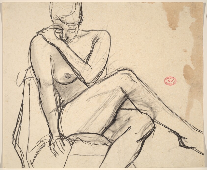 Untitled [seated nude crossing her legs and looking down]