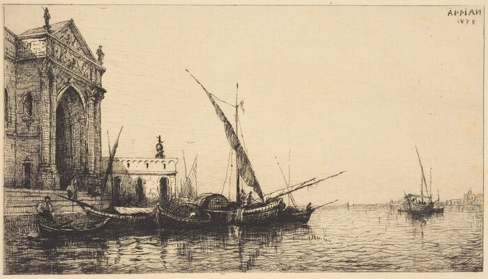 The image shows a body of water with a harbor in the distance. A large architectural building with columns and arches is on the left, with boats moored in front of it. The sky occupies the upper part of the image, and the water extends towards a vanishing point. Another boat and some structures can be seen in the background. The artwork is done with detailed etching, using fine lines to show textures and details. The color scheme is primarily black and white with subtle variations.