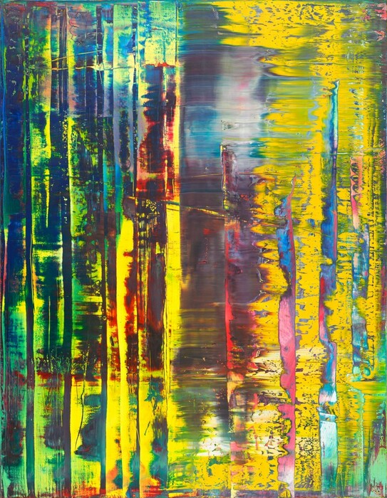 Streaks of vibrant lemon yellow, plum purple, cobalt blue, spring and mint green, cotton candy pink, and crimson red are layered and blended in loose columns in this vertical abstract painting. The artist created this by pulling a long squeegee—as tall as this canvas—across from our left to right to smear and expose layers of paint. Vertical bands of contrasting color suggest that the squeegee was paused or pressed down at intervals. For instance, in a field dominated by bright yellow on the right half of the composition, one vertical band exposes underlayers of bubblegum pink and azure blue. The left half of the painting is mostly blues, greens, and purples, with touches of the same yellow that covers much of the right half. Separating the two halves, a wide streak with slate blue, turquoise, plum purple, white, and yellow blend in some areas to almost make brown.