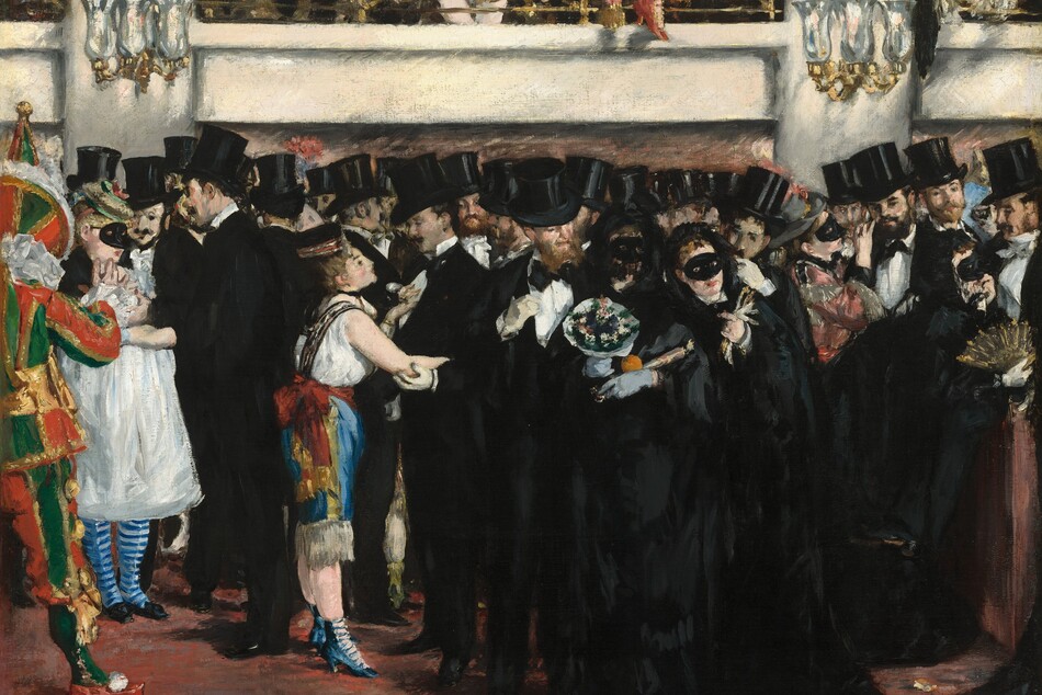 A densely packed crowd of men and women, all of them with pale skin and most of them wearing black, stand in a theater lobby beneath a mezzanine level that runs close to the top edge of the composition in this horizontal painting. Because the crowd spans the width of the composition, the first impression is of a mass of deep black stretching across the canvas. Slowly, individual faces and poses become evident. Five of the women wear black, oval masks that cover their eyes and noses, and one more mask has fallen onto the rust-red floor below. Two women, wearing bright white and colorful clothing, engage some of the men in conversation. A man cropped by the left edge of the painting wears the green, red, and gold costume and pointed cap of a court jester. Two gold and glass wall sconces hang on the cream-colored wall behind the crowd, one near each top corner. The space within the mezzanine level above is painted loosely so details are difficult to make out, but a pair of legs clad in black britches and white stockings seems to stand with ankles crossed at the top center. A leg wearing a red, high-heeled ankle boot dangles outside of the railing to the right. The brushstrokes are loose throughout. The artist’s signature appears on a piece of discarded paper on the floor near the lower right corner: “Manet.”