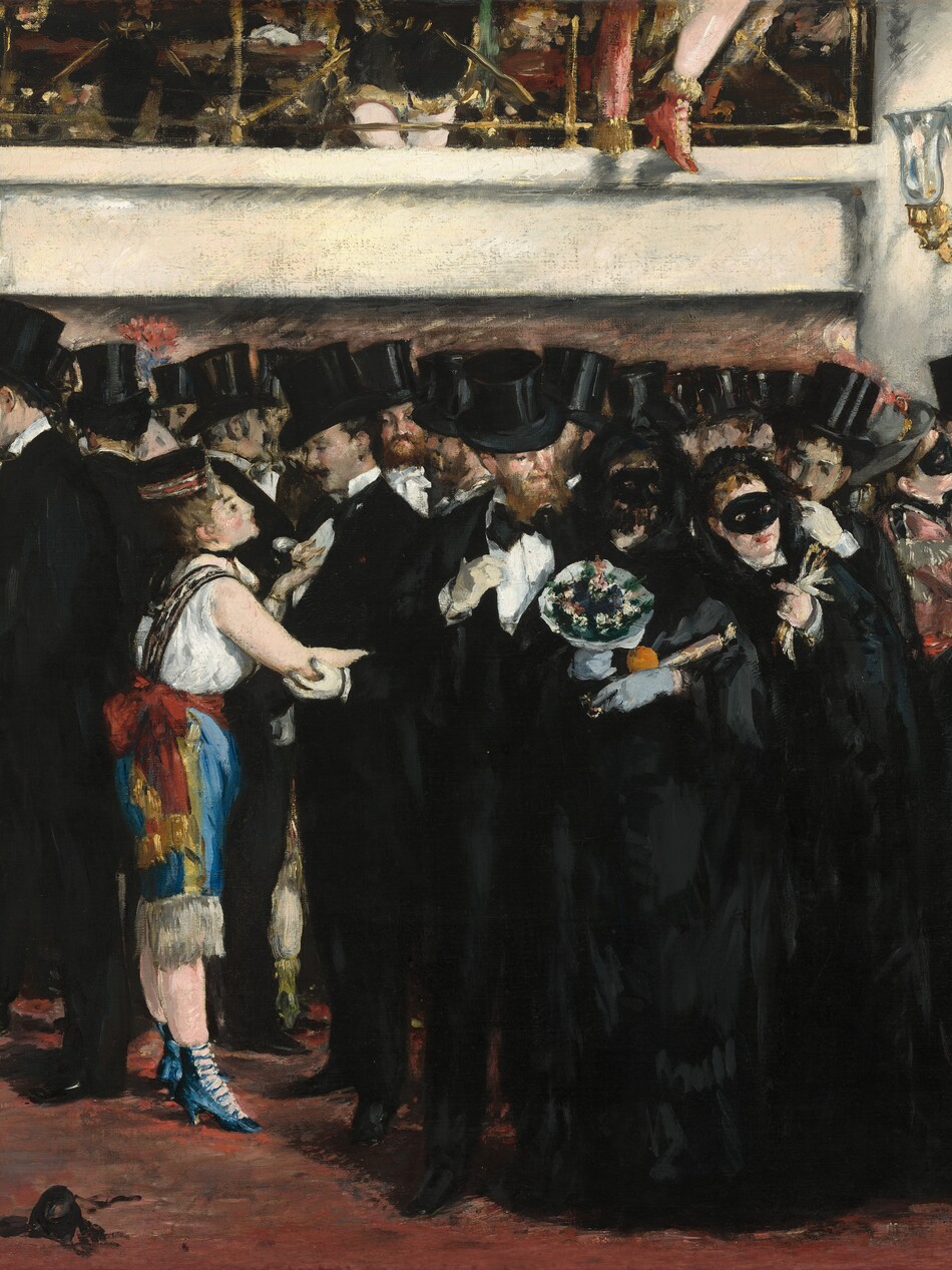A densely packed crowd of men and women, all of them with pale skin and most of them wearing black, stand in a theater lobby beneath a mezzanine level that runs close to the top edge of the composition in this horizontal painting. Because the crowd spans the width of the composition, the first impression is of a mass of deep black stretching across the canvas. Slowly, individual faces and poses become evident. Five of the women wear black, oval masks that cover their eyes and noses, and one more mask has fallen onto the rust-red floor below. Two women, wearing bright white and colorful clothing, engage some of the men in conversation. A man cropped by the left edge of the painting wears the green, red, and gold costume and pointed cap of a court jester. Two gold and glass wall sconces hang on the cream-colored wall behind the crowd, one near each top corner. The space within the mezzanine level above is painted loosely so details are difficult to make out, but a pair of legs clad in black britches and white stockings seems to stand with ankles crossed at the top center. A leg wearing a red, high-heeled ankle boot dangles outside of the railing to the right. The brushstrokes are loose throughout. The artist’s signature appears on a piece of discarded paper on the floor near the lower right corner: “Manet.”