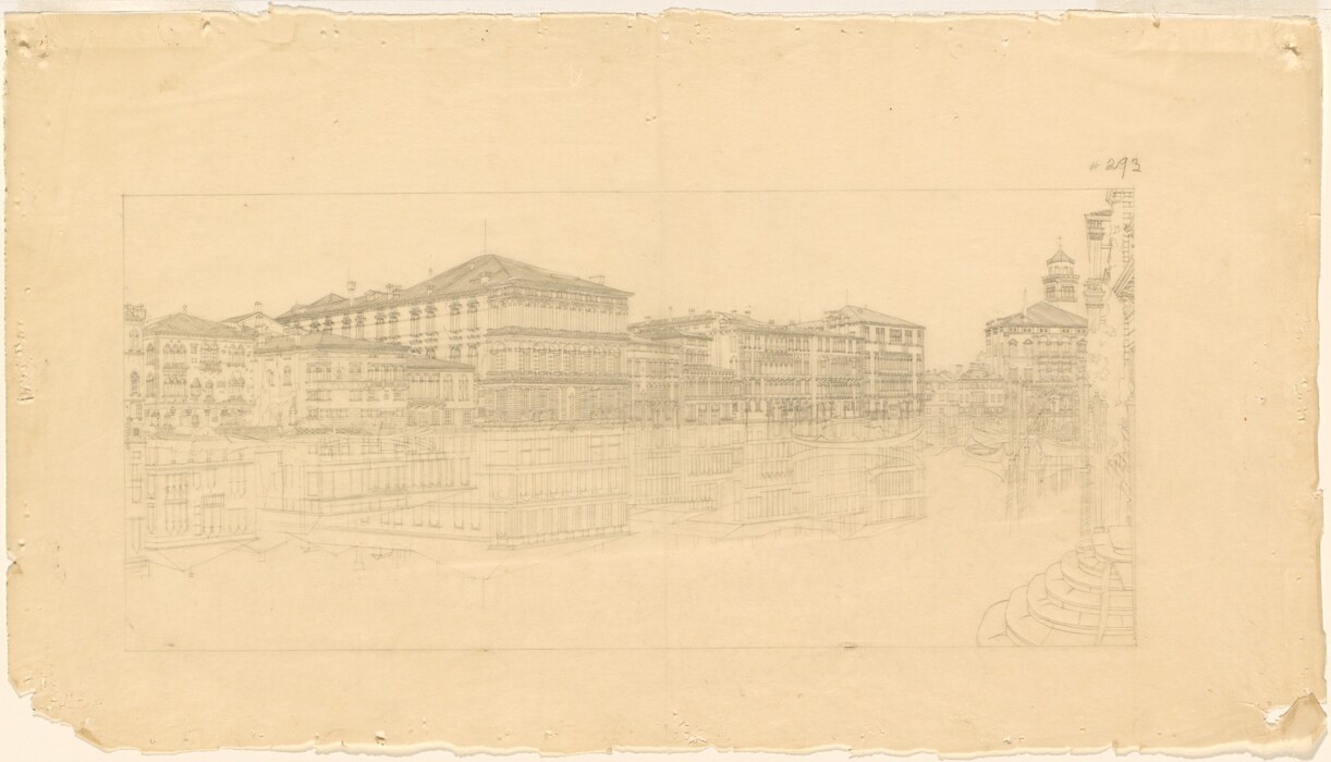 The image shows an architectural sketch of a row of grand buildings along a waterway. The sketch features intricate structures with arched windows, elaborate facades, and small boats in the water. It is drawn with fine pencil lines on off-white paper in a graphite palette, creating a monochromatic depiction. The buildings stretch into the distance, emphasizing depth and scale.