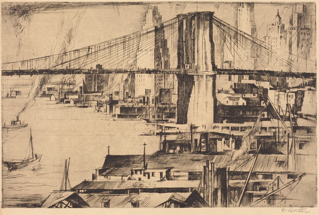 The image shows the Brooklyn Bridge, nearby buildings, and skyscrapers in the background. Detailed crosshatch patterns depict various elements including rooftops, a boat emitting smoke, and distant urban structures. The color scheme is monochromatic using shades of brown and black.