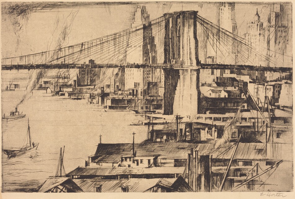 The image shows the Brooklyn Bridge, nearby buildings, and skyscrapers in the background. Detailed crosshatch patterns depict various elements including rooftops, a boat emitting smoke, and distant urban structures. The color scheme is monochromatic using shades of brown and black.