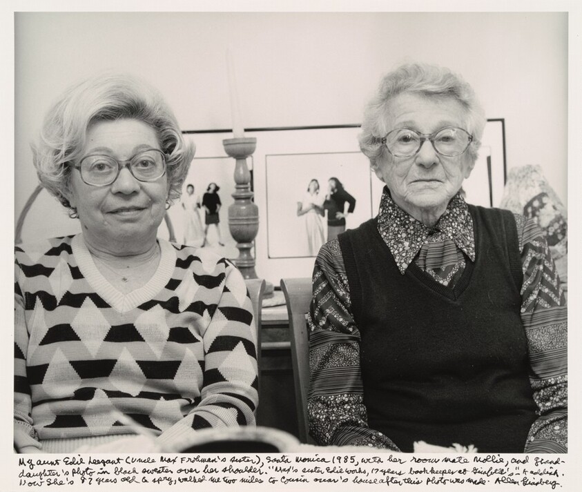 My aunt Edie Leegant (Uncle Max Frohman's sister), Santa Monica 1985, with her room mate Mollie, and granddaughter's photo in black sweater over her shoulder. "Max's sister Edie works, 17 years bookkeeper at Ginabelle's-" Kaddish. Now she's 82 years old & spry, walked me two miles to cousin Oscar's house after this photo was made.