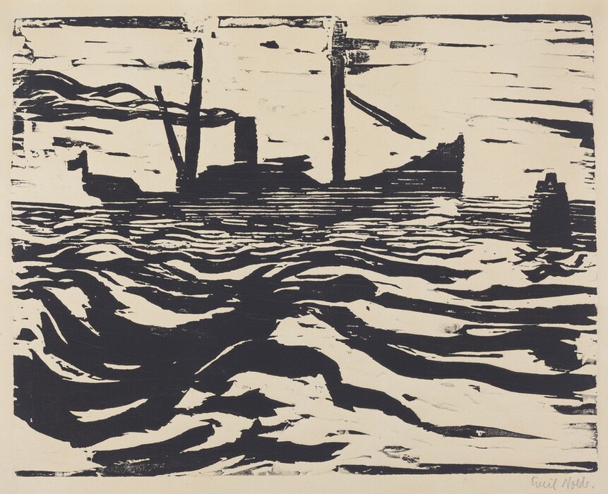 The image shows a boat at sea from a low angle. The horizon is high, with a large ship silhouette against the sky. The artwork features bold lines and solid dark ink, suggestive of a woodcut print. The sea has intense waves against lighter areas. The color palette is black and cream. In the distance, a smaller shape resembling a buoy or ship silhouette is visible to the right.