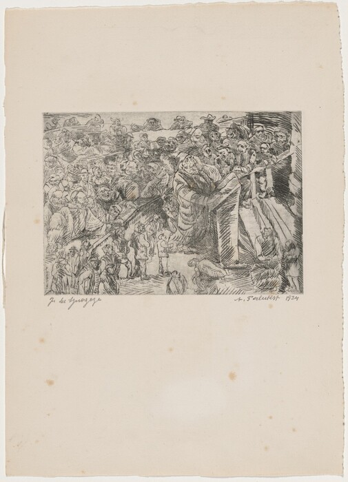 This is an illustration of a crowd gathered around a figure at a podium. The artwork shows numerous figures in intricate detail, with various expressions and movements. The drawing uses cross-hatching and detailed lines to create shadows and depth, giving the scene a lively and dynamic quality. The use of a monochromatic palette effectively conveys texture and motion through careful detailing.