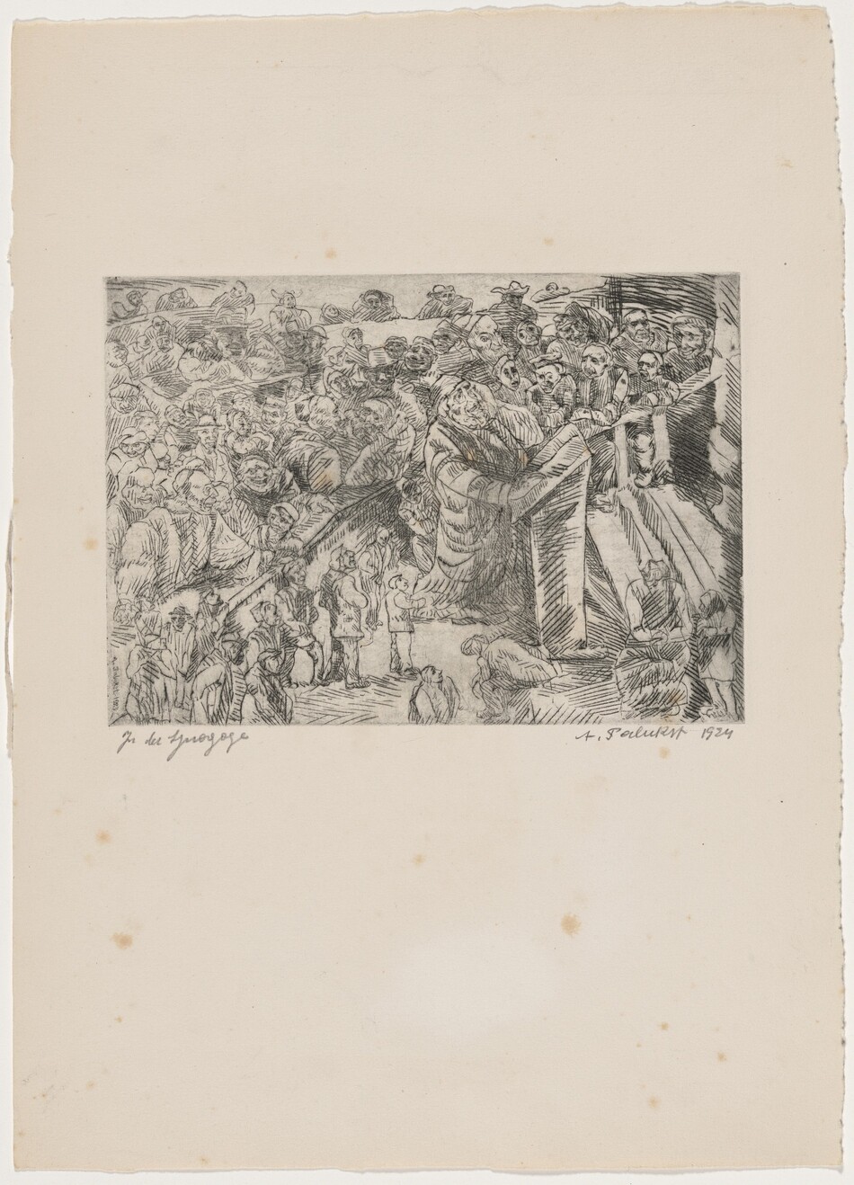 This is an illustration of a crowd gathered around a figure at a podium. The artwork shows numerous figures in intricate detail, with various expressions and movements. The drawing uses cross-hatching and detailed lines to create shadows and depth, giving the scene a lively and dynamic quality. The use of a monochromatic palette effectively conveys texture and motion through careful detailing.