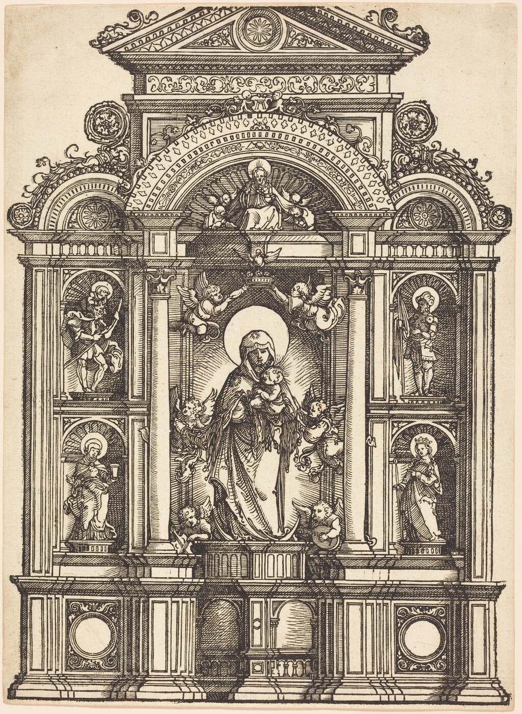 This is a drawing of an ornate religious altar. The drawing features a central figure that appears to be of religious significance, surrounded by smaller angelic figures. This central character is framed within a grand, architecturally detailed altar structure complete with arches, columns, and intricate decorative elements including floral motifs and geometric patterns. On either side of the central figure, at different levels, are additional figures that seem to be seated or standing within niches, each of them surrounded by distinctive arch designs. The architectural design is highly symmetrical, showcasing classical elements such as pediments and detailed cornices along with elaborate ornamentation.