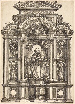 Altarpiece with the Beautiful Virgin of Regensburg and Saints Christopher, Mary Magdalene, Florian, and Catherine Standing in Niches, with God the Father Above