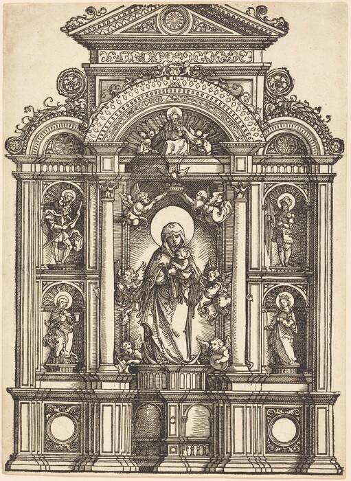 This is a drawing of an ornate religious altar. The drawing features a central figure that appears to be of religious significance, surrounded by smaller angelic figures. This central character is framed within a grand, architecturally detailed altar structure complete with arches, columns, and intricate decorative elements including floral motifs and geometric patterns. On either side of the central figure, at different levels, are additional figures that seem to be seated or standing within niches, each of them surrounded by distinctive arch designs. The architectural design is highly symmetrical, showcasing classical elements such as pediments and detailed cornices along with elaborate ornamentation.