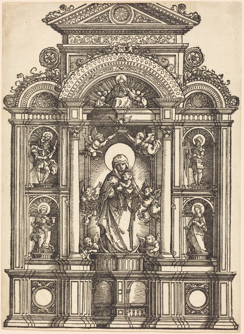 Altarpiece with the Beautiful Virgin of Regensburg and Saints Christopher, Mary Magdalene, Florian, and Catherine Standing in Niches, with God the Father Above