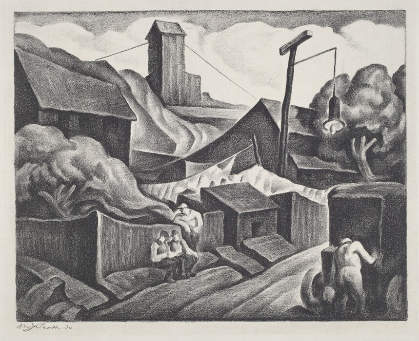 The image depicts a rural scene with hills in the background and a sky above. The artwork uses distinct, softly rounded forms and textures. The color palette consists of shades of gray, black, and white. In the foreground, there are figures sitting beside a fence and a person working on a vehicle. In the middle ground, there are small buildings with one centrally located. In the background, there is a taller, silo-like building among rolling hills. A telephone pole with a light fixture is also visible in the scene.