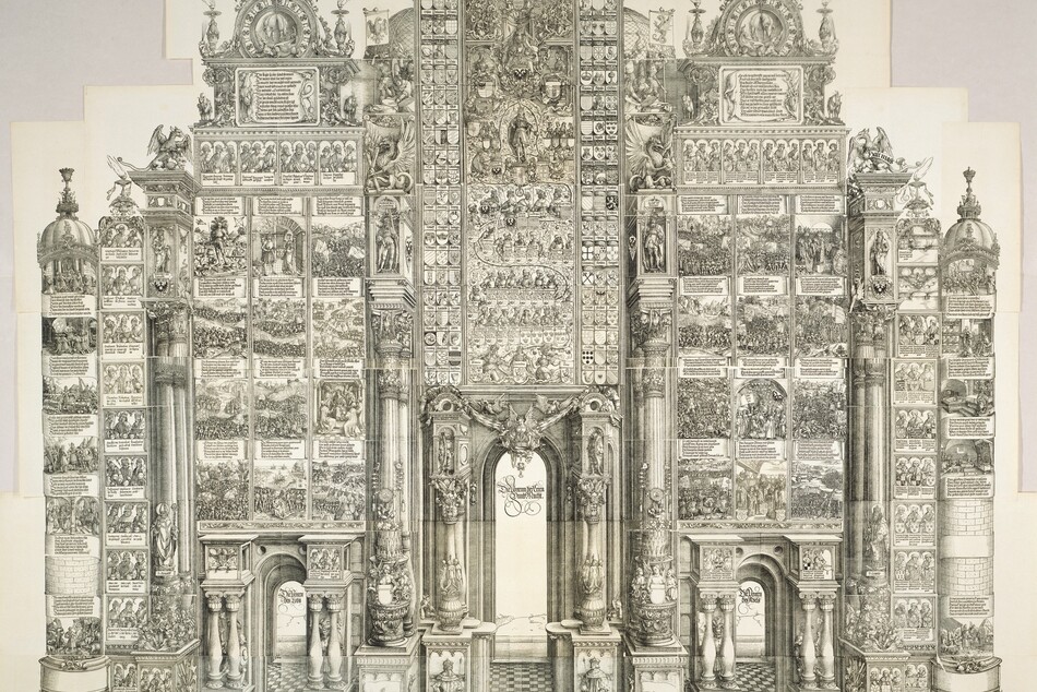 A stepped, ornately decorated structure made up of forty-four individual woodcuts and etchings printed with black ink on ivory-white paper fills this vertical composition. The structure has a tall central tower flanked by two shorter towers on each side. All three have an arched opening at the bottom. The outer towers are then flanked by three columns. Almost every inch of the structure is densely covered with architectural ornaments, coats of arms, Gothic text, and panels showing scenes with people in interiors or huge crowds in landscapes. Some scenes show soldiers engaged in battle, groups of kings and clergy, or individual men. Architectural ornament includes mythical creatures, gargoyles, saints, kings, and cherubs. The arched openings are tall and narrow, and have checkered floors. Words in elaborate Latin script appear inside the top of each of the three arches. Two ringed-tailed creatures resembling monkeys prowl outside the central arch. Two shallow steps lead down from the structure to five panels that line the base of the composition. Those five panels are filled with Gothic text. The date, "1515," appears at the base of the outermost column to each side.