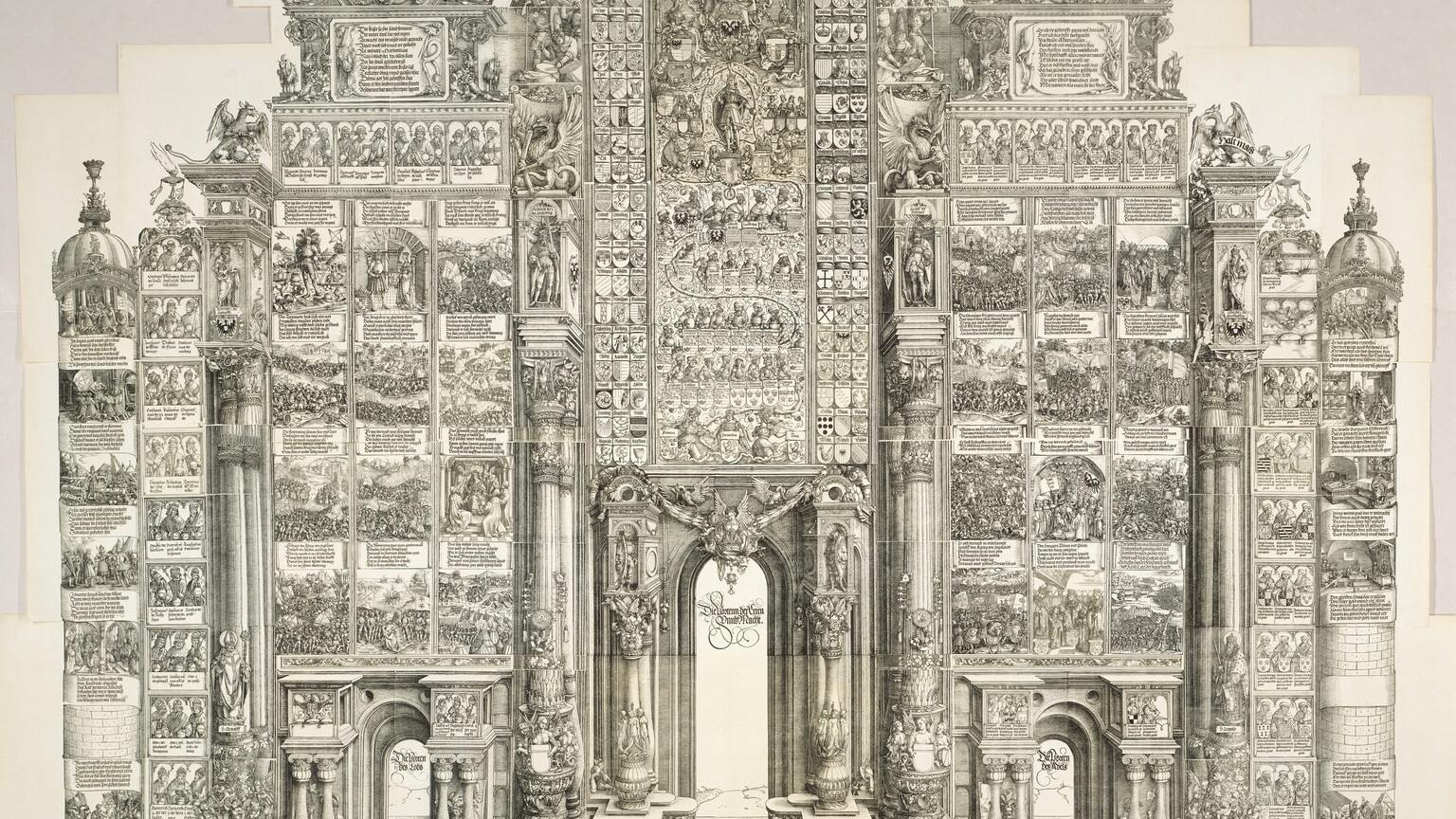 A stepped, ornately decorated structure made up of forty-four individual woodcuts and etchings printed with black ink on ivory-white paper fills this vertical composition. The structure has a tall central tower flanked by two shorter towers on each side. All three have an arched opening at the bottom. The outer towers are then flanked by three columns. Almost every inch of the structure is densely covered with architectural ornaments, coats of arms, Gothic text, and panels showing scenes with people in interiors or huge crowds in landscapes. Some scenes show soldiers engaged in battle, groups of kings and clergy, or individual men. Architectural ornament includes mythical creatures, gargoyles, saints, kings, and cherubs. The arched openings are tall and narrow, and have checkered floors. Words in elaborate Latin script appear inside the top of each of the three arches. Two ringed-tailed creatures resembling monkeys prowl outside the central arch. Two shallow steps lead down from the structure to five panels that line the base of the composition. Those five panels are filled with Gothic text. The date, "1515," appears at the base of the outermost column to each side.