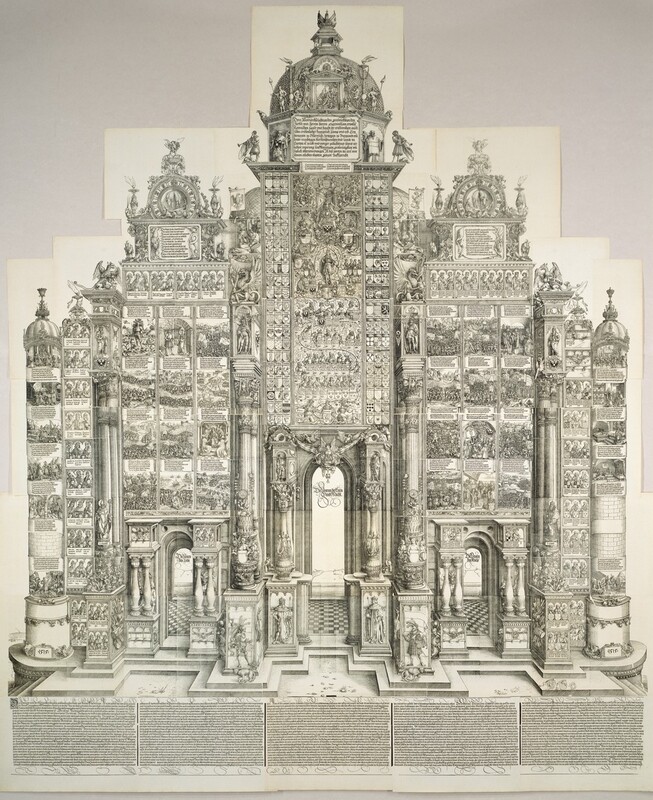 A stepped, ornately decorated structure made up of forty-four individual woodcuts and etchings printed with black ink on ivory-white paper fills this vertical composition. The structure has a tall central tower flanked by two shorter towers on each side. All three have an arched opening at the bottom. The outer towers are then flanked by three columns. Almost every inch of the structure is densely covered with architectural ornaments, coats of arms, Gothic text, and panels showing scenes with people in interiors or huge crowds in landscapes. Some scenes show soldiers engaged in battle, groups of kings and clergy, or individual men. Architectural ornament includes mythical creatures, gargoyles, saints, kings, and cherubs. The arched openings are tall and narrow, and have checkered floors. Words in elaborate Latin script appear inside the top of each of the three arches. Two ringed-tailed creatures resembling monkeys prowl outside the central arch. Two shallow steps lead down from the structure to five panels that line the base of the composition. Those five panels are filled with Gothic text. The date, "1515," appears at the base of the outermost column to each side.