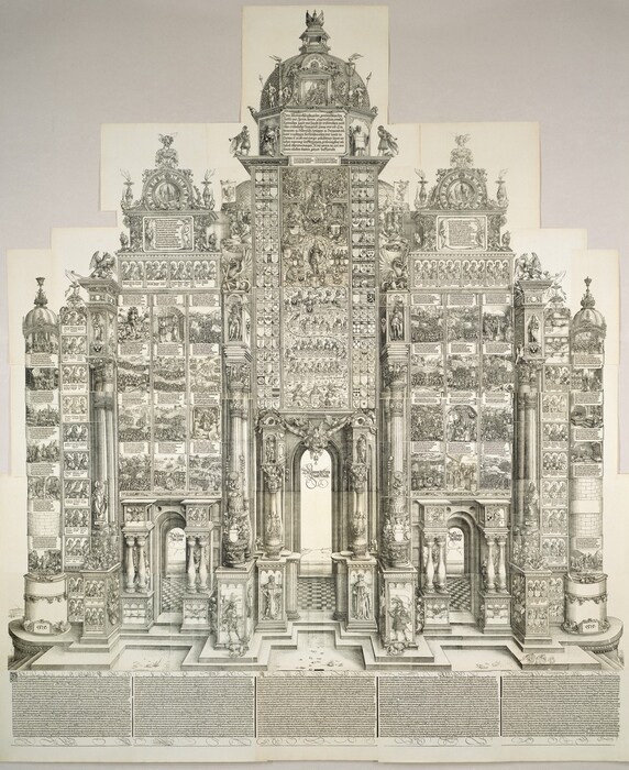 A stepped, ornately decorated structure made up of forty-four individual woodcuts and etchings printed with black ink on ivory-white paper fills this vertical composition. The structure has a tall central tower flanked by two shorter towers on each side. All three have an arched opening at the bottom. The outer towers are then flanked by three columns. Almost every inch of the structure is densely covered with architectural ornaments, coats of arms, Gothic text, and panels showing scenes with people in interiors or huge crowds in landscapes. Some scenes show soldiers engaged in battle, groups of kings and clergy, or individual men. Architectural ornament includes mythical creatures, gargoyles, saints, kings, and cherubs. The arched openings are tall and narrow, and have checkered floors. Words in elaborate Latin script appear inside the top of each of the three arches. Two ringed-tailed creatures resembling monkeys prowl outside the central arch. Two shallow steps lead down from the structure to five panels that line the base of the composition. Those five panels are filled with Gothic text. The date, "1515," appears at the base of the outermost column to each side.